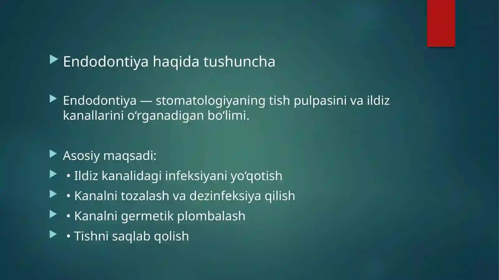 Endodontik davolashni rejalashtirish va tashkillashtirish tamoyillari.Endodontik davolash sifatini o 2