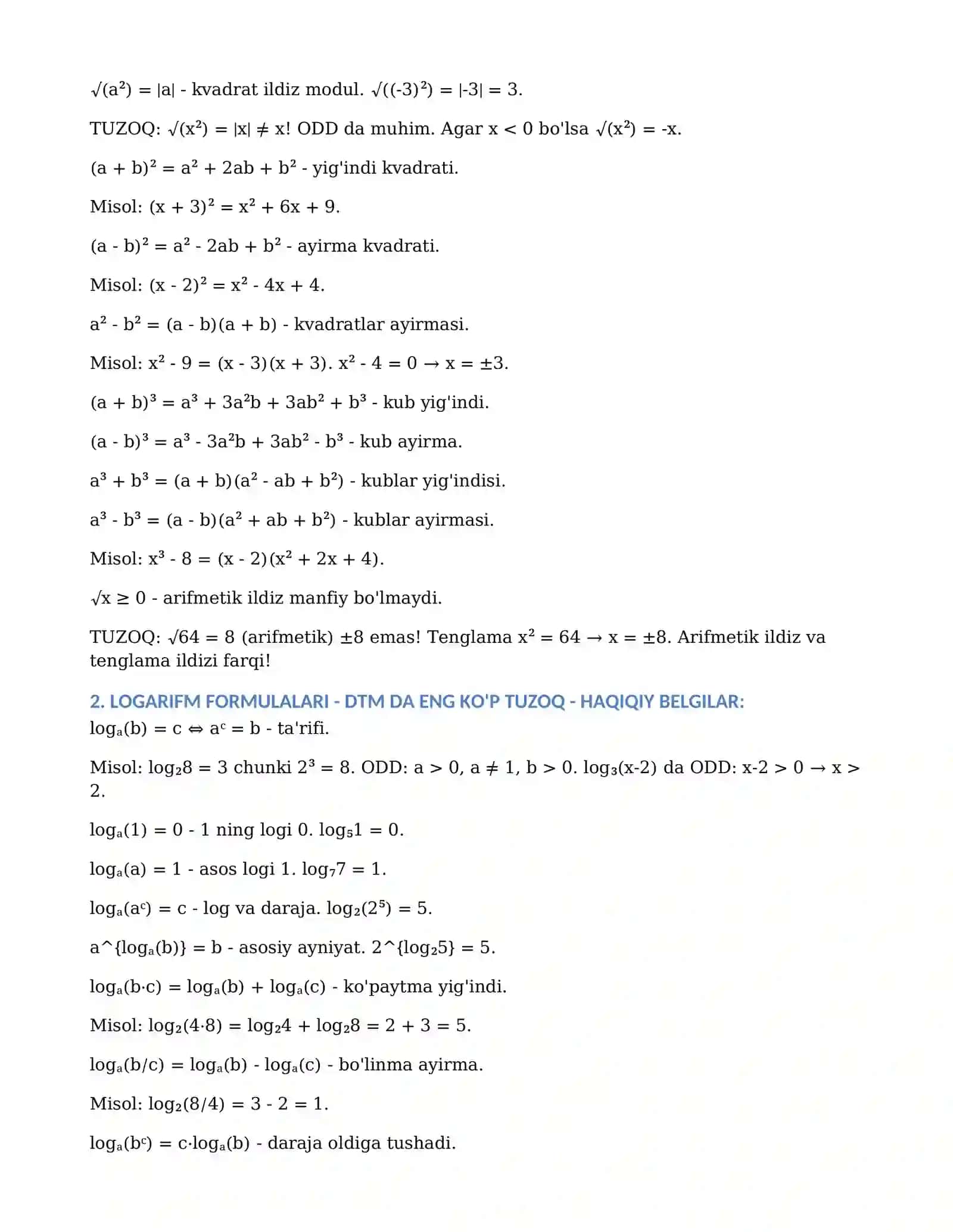 MATEMATIKA - BARCHA FORMULALAR - 100% TO'LIQ 2