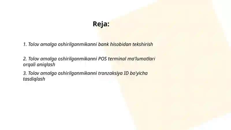 Tolov amalga oshirilganmikan Taqdimot 2