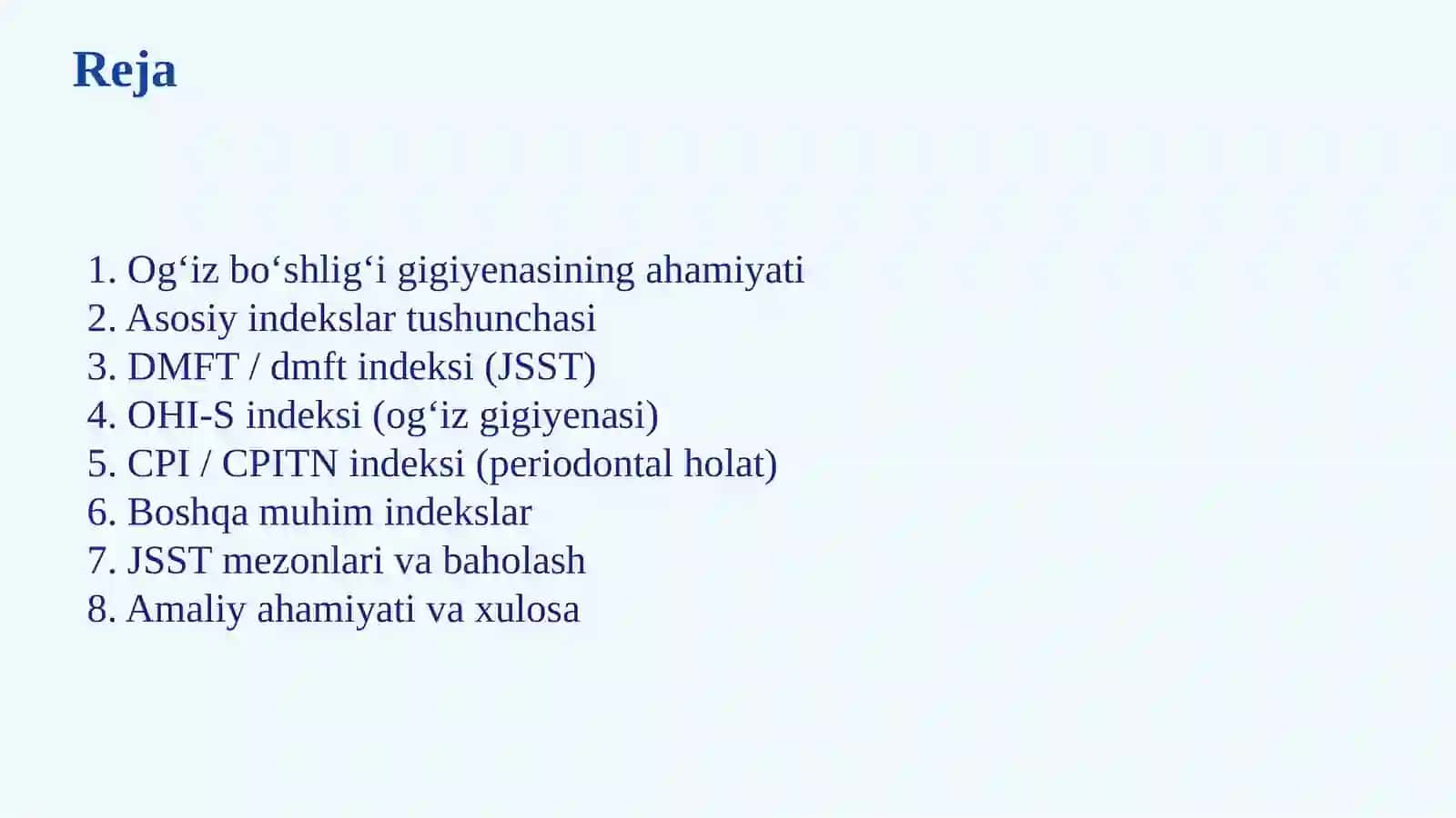 OG‘IZ BO‘SHLIG‘I GIGIYENASI INDEKSI KO‘RSATKICHLARI 2