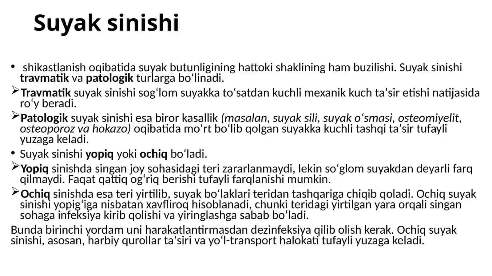 Suyaklar sinishi va chiqishini tashxislash va birinchi tibbiy yordam ko’rsatish 2