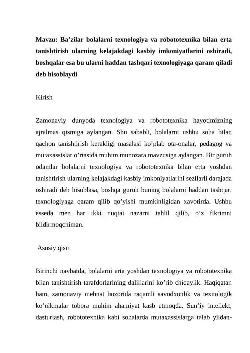 Ba'zilar bolalarni texnologiya va robototexnika bilan erta tanishtirish ularning kelajakdagi kasbiy 2