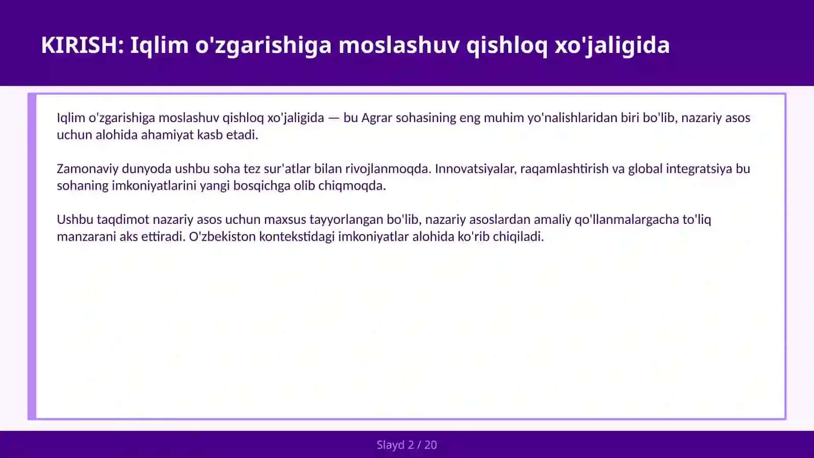 Iqlim o'zgarishiga moslashuv qishloq xo'jaligida 2