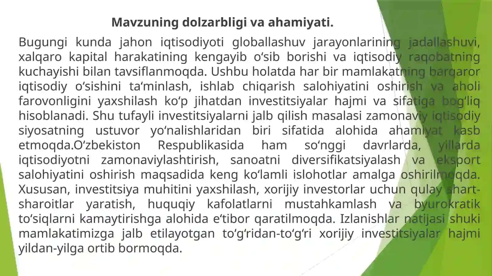 MАMLАKАTIMIZ IQTISОDIYОTIGАINVЕSTITSIYАLАRNI JАLB QILISHNING ZАMОNАVIY TЕNDЕNSIYАLАRI VА USULLАRI 2