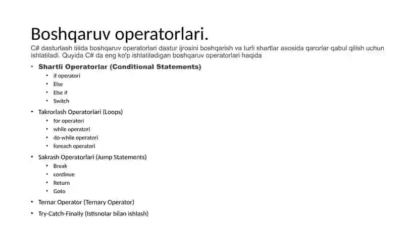 Boshqaruv operatorlari. if, if-else, ?:, switch operatorlari. Murakkab if operatorlari Ularga doir misollar 2
