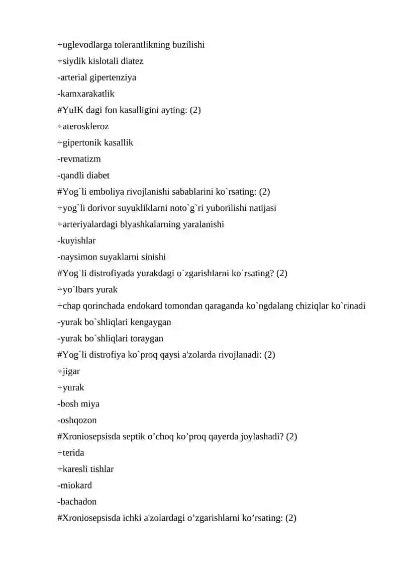 Patologik anatomiya fanidan 300 talik test, 2 talik javoblari bilan 2