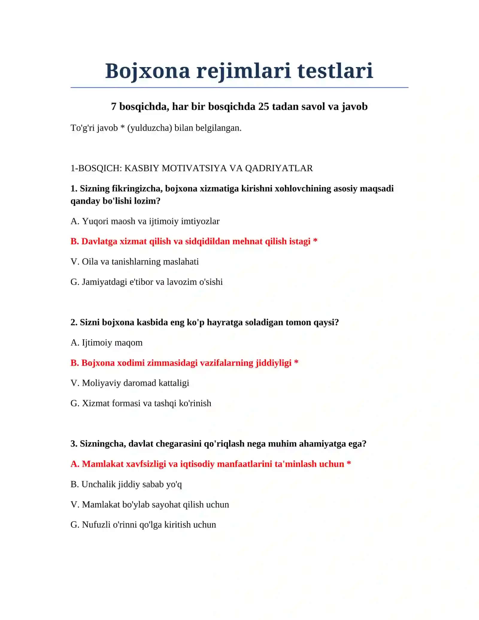 Bojxona rejimlari testlari 2