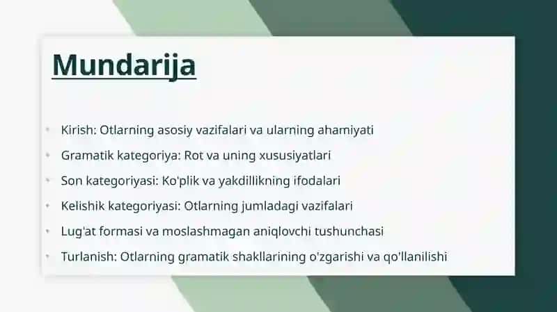 Ot va uning gramatik kategoriyalari,rot,son,kelishik,lugat formasi,moslashmagan aniqlovchi 2