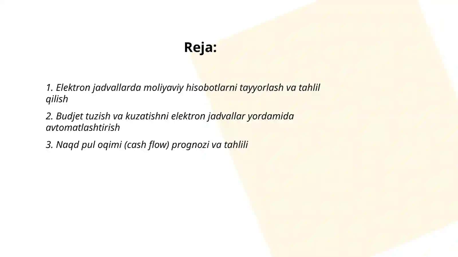 Iqtisodiyot va moliya sohasidagi amaliy vazifalarni yechish uchun elektron jadvallardan foydalanish 2
