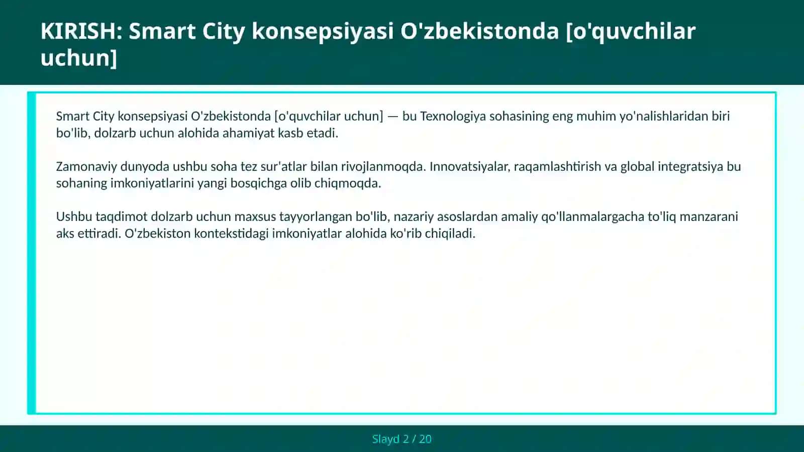 Smart City konsepsiyasi O'zbekistonda [o'quvchilar uchun] 2