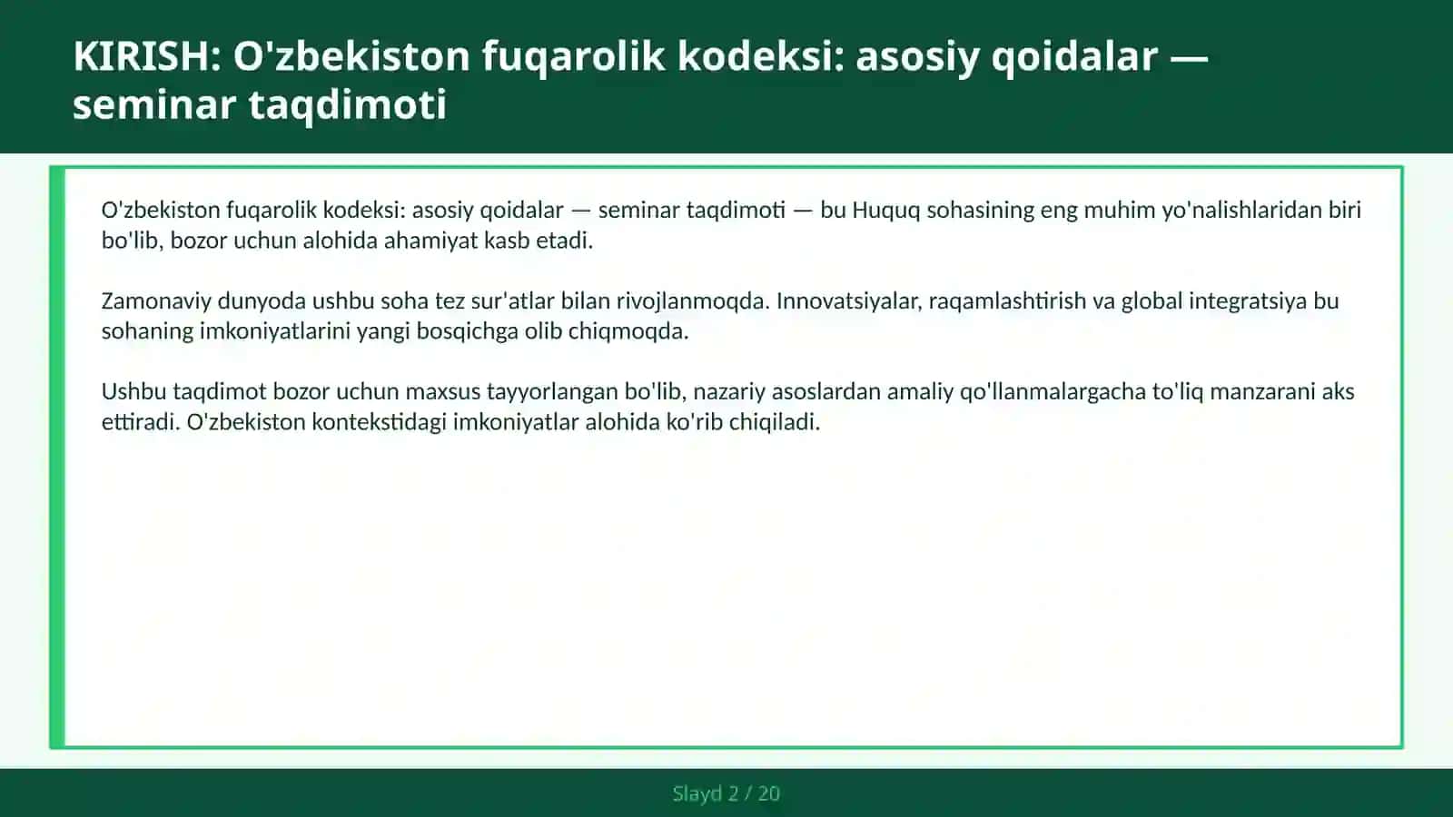 O'zbekiston fuqarolik kodeksi: asosiy qoidalar — seminar taqdimoti 2