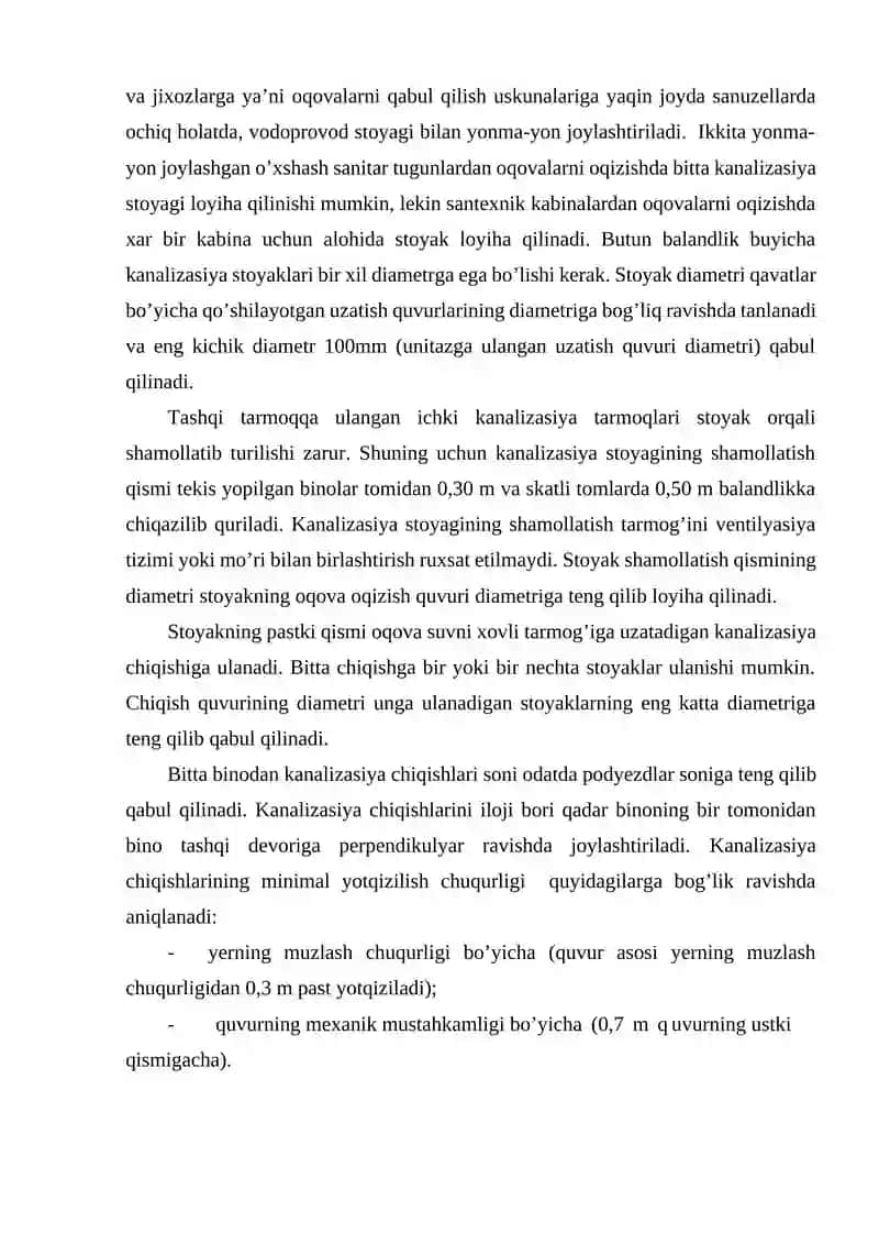 Ichki kanalizasiya tizimining o’rnatilishi (qurilishi) va jihozlanishi 2