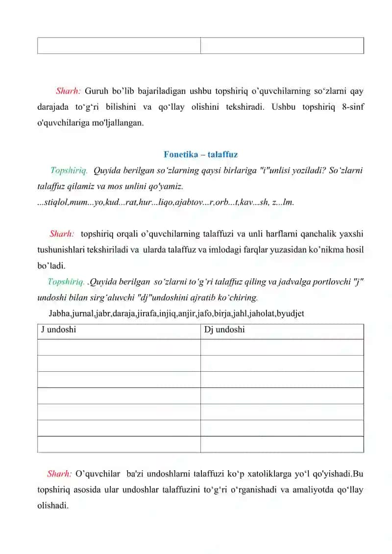 fonetika-talaffuz,fonetika - imlo, leksikalogiya, mustaqil so'zlar, yordamchi so'zlar, oraliqdagi so'zlar 2