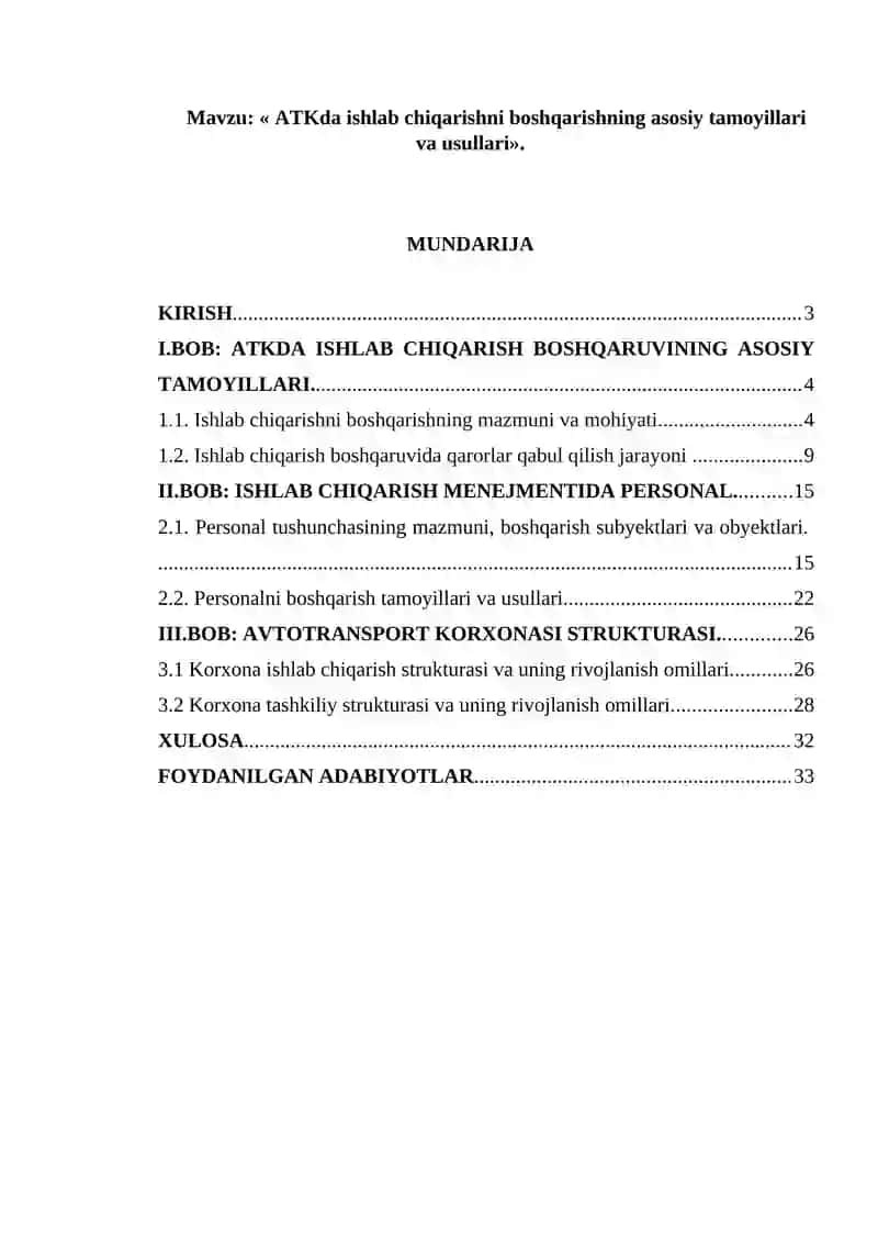 ATKda ishlab chiqarishni boshqarishning asosiy tamoyillari va usullari. 2