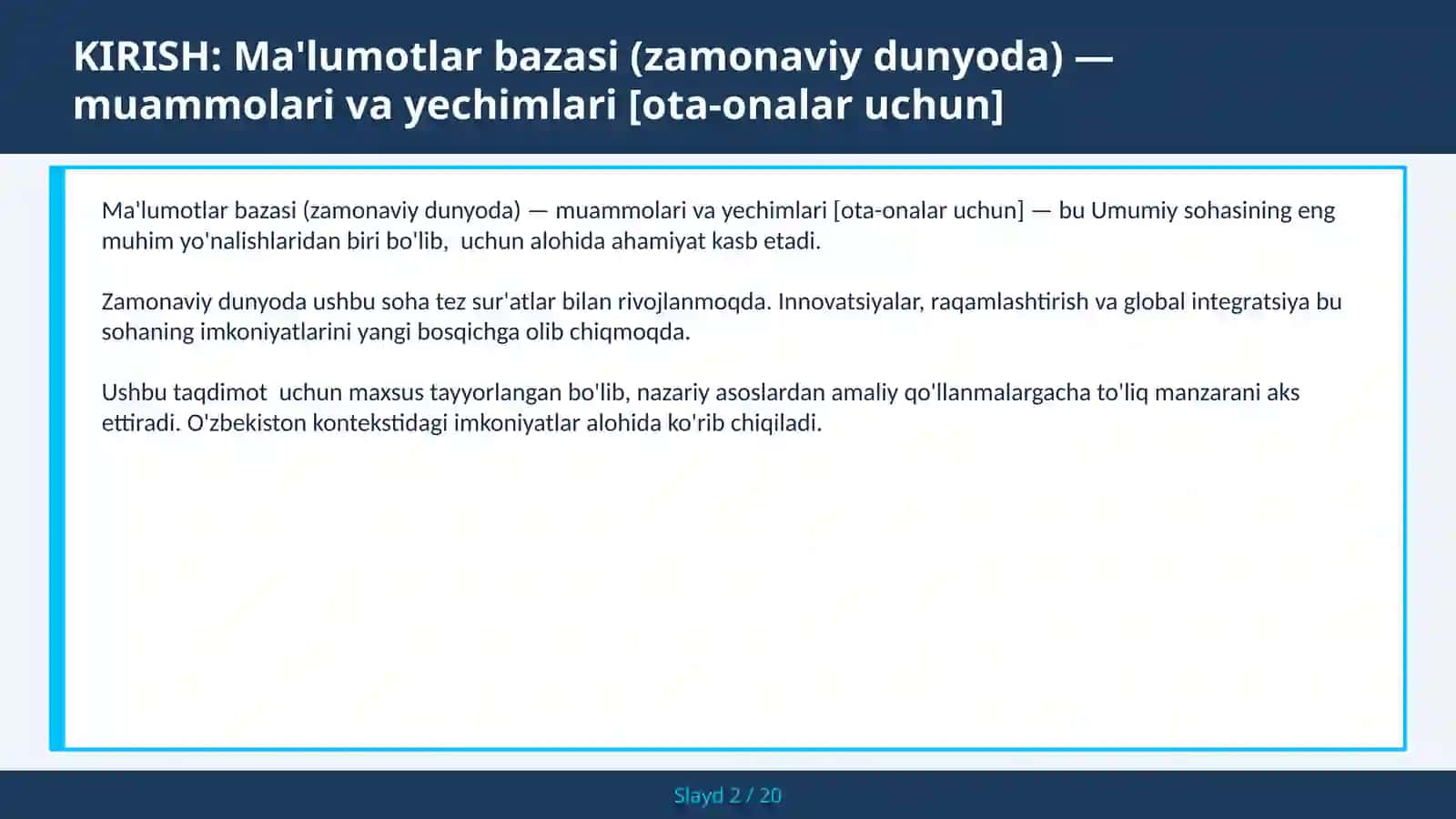 MA'LUMOTLAR BAZASI (ZAMONAVIY DUNYODA) — MUAMMOLARI VA YECHIMLARI [OTA-ONALAR UCHUN] 2