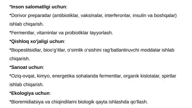 Biopreparatlar ishlab chiqarish sanoatida biologik faol moddalarni biotexnologik usullarda olishning o’ziga xos xavf – xatarlari, yutuqlari va maqsadlari. 2