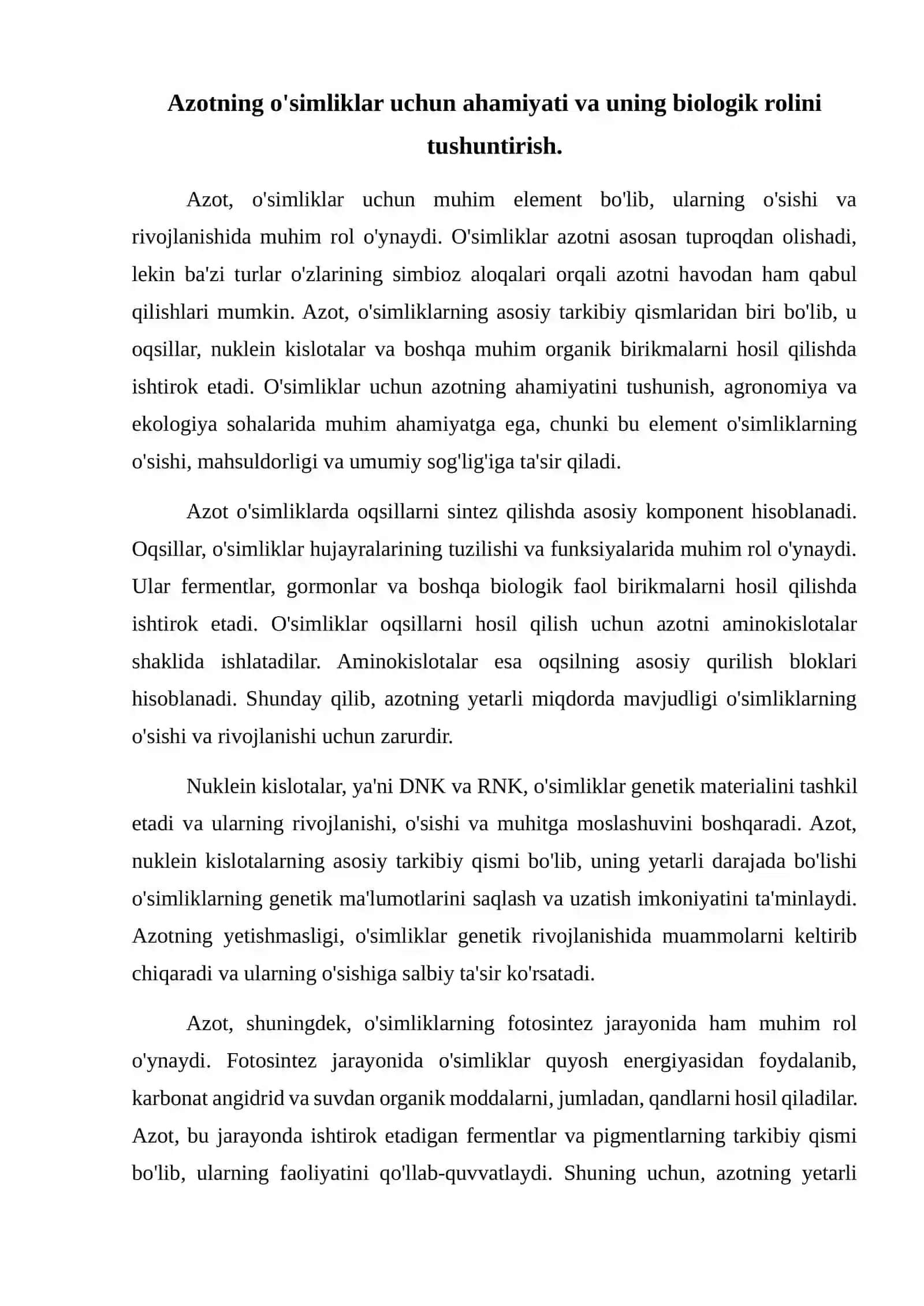 Azotning o'simliklardagi modda almashinuv jarayonlariga ta'siri 2