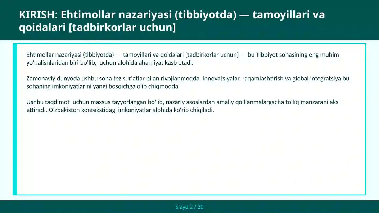 Ehtimollar nazariyasi (Tibbiyotda) — Tamoyillari va Qoidalari [Tadbirkorlar Uchun] 2