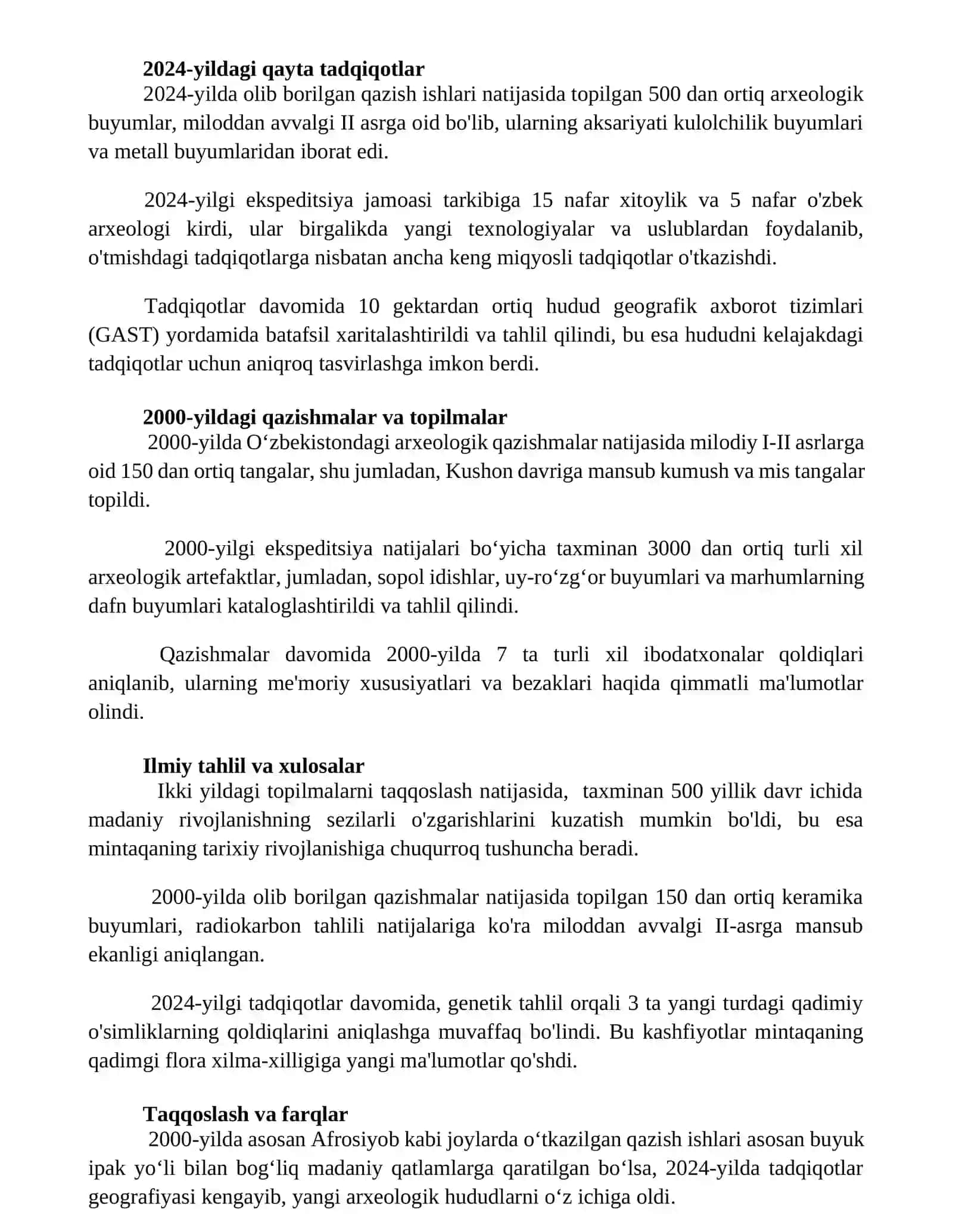 Xitoy arxiologlari O'zbekistonda 2000- yil va 2024 yillarda 2