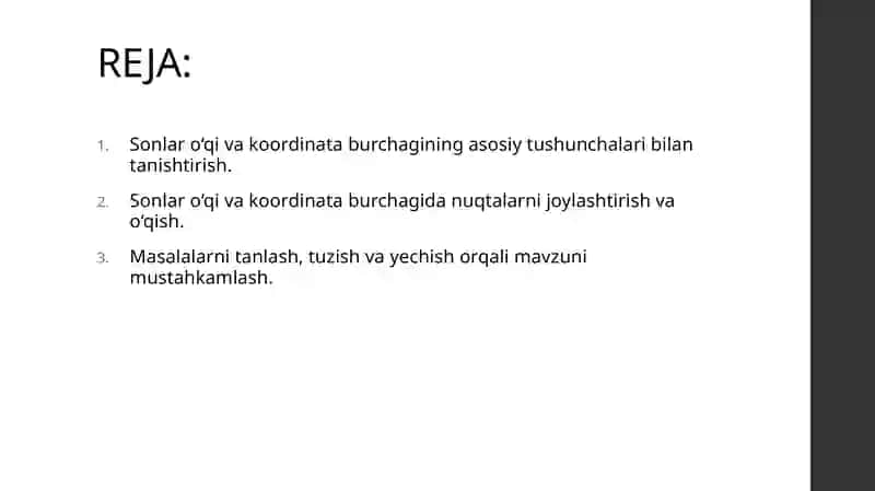 SONLAR O'QI, KOORDINATA BURCHAGI BO'YICHA  MASALALAR TANLASH VA TAYYORLASH 2