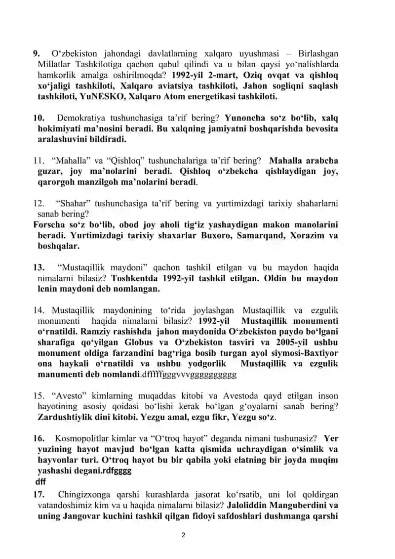 Safdorlar IIB ga kiruvchilar uchun tarbiya, tarix, huquq fanlaridan test javoblari 2