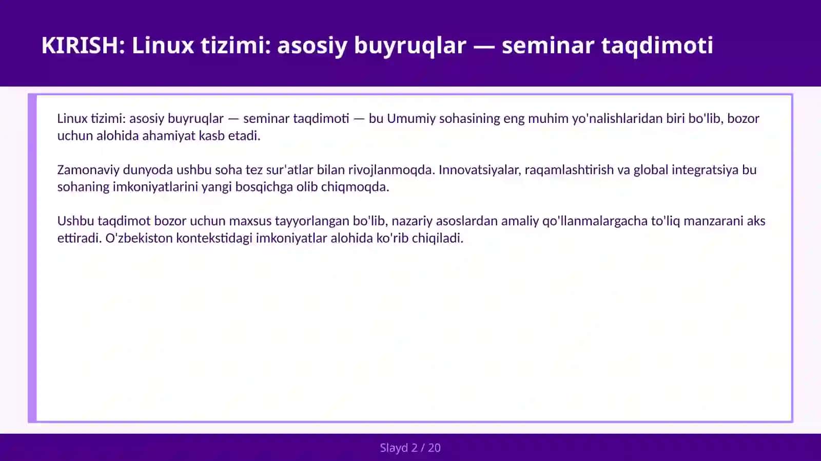 Linux tizimi: asosiy buyruqlar — seminar taqdimoti 2