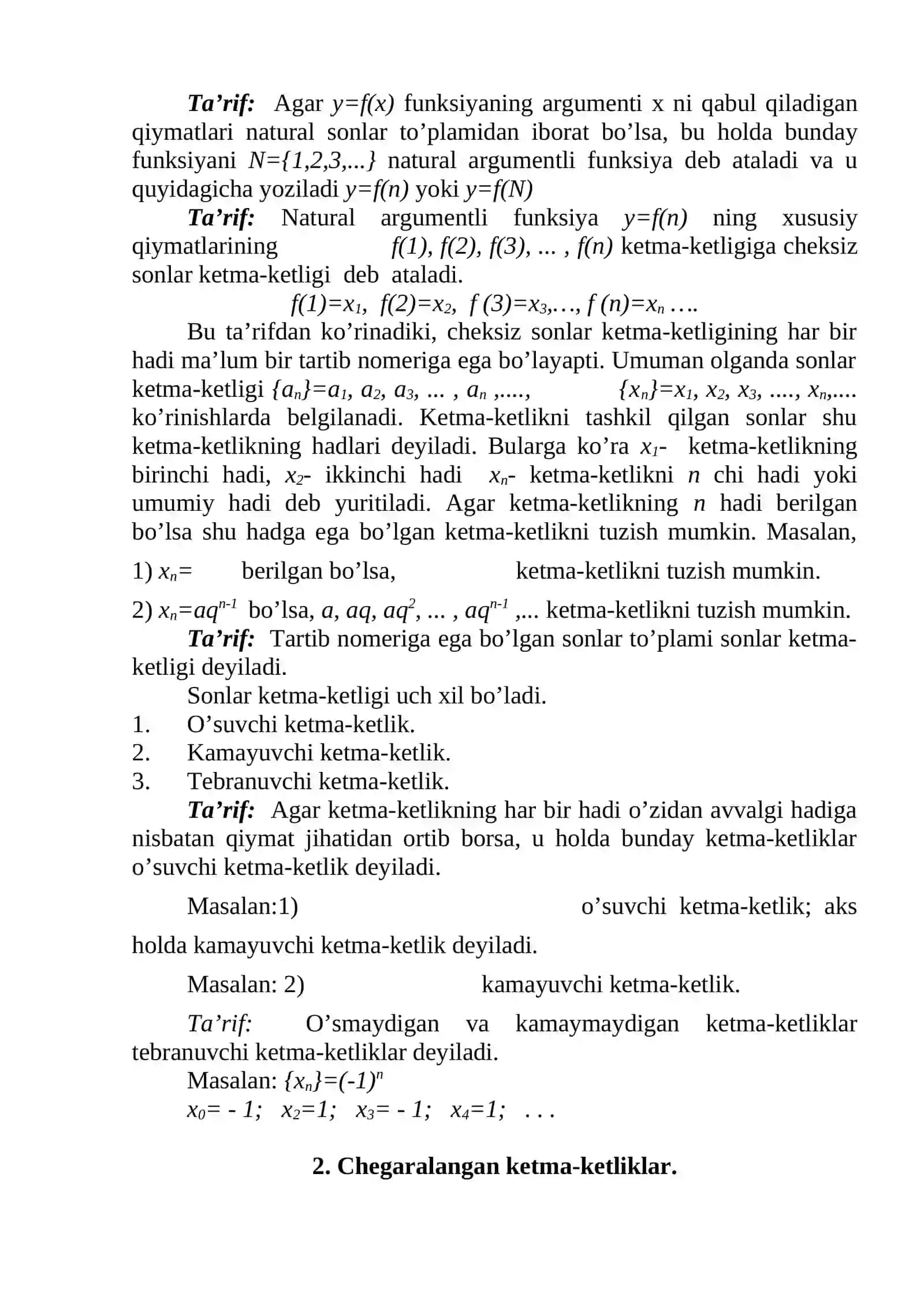 Sonli ketma-ketlik haqida tushuncha. Ketma-ketlik limiti. Cheksiz kichik miqdorlar 2