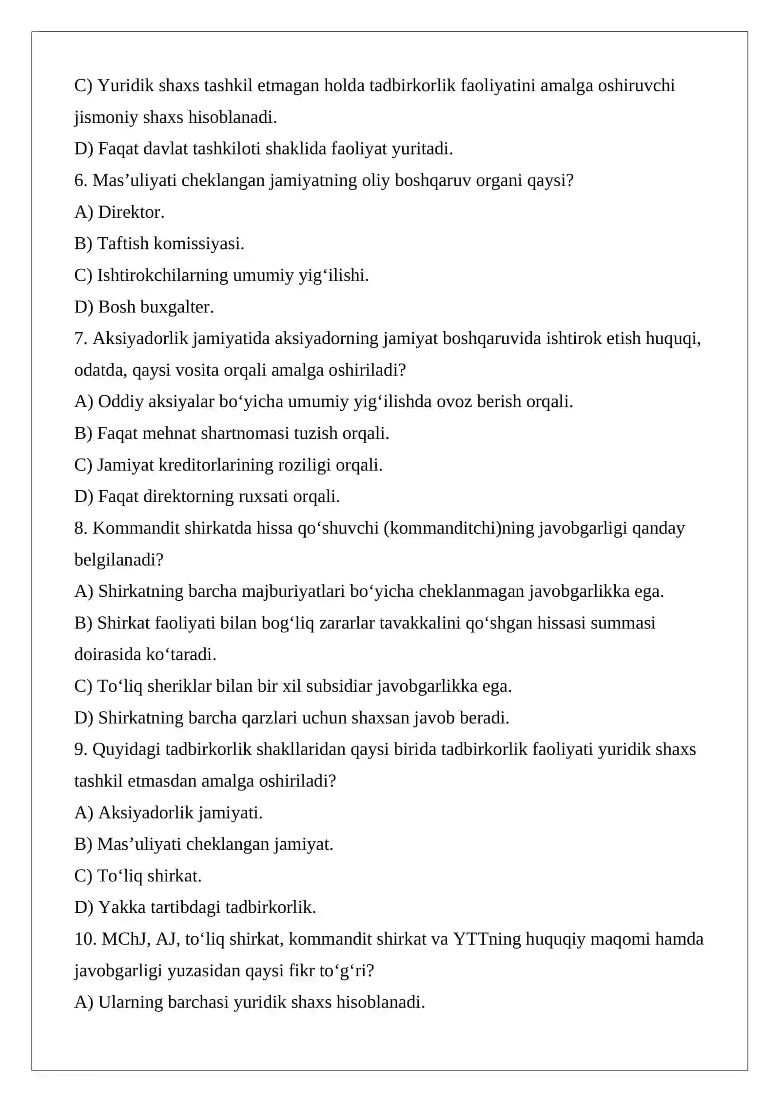 MChJ, AJ, to‘liq shirkat, kommandit shirkat va YTTning qiyosiy-huquqiy tavsifi: huquqiy maqom, kapital, javobgarlik va boshqaruv 2