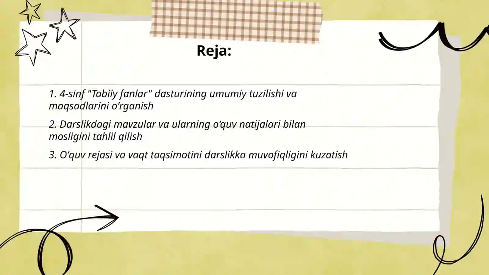 4-sinf "Tabiiy fanlar" dasturi va darsligini oʻrganish, darsni kuzatish va tahlil qilish 2