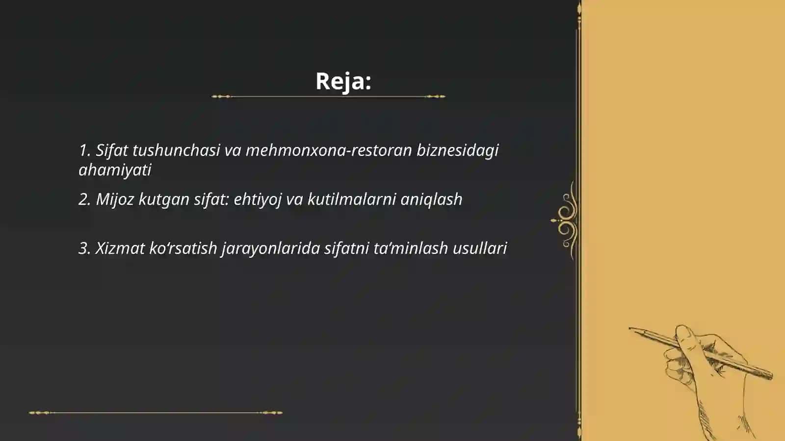 Mehmonxona va restoranlarda sifat xususiyatlari va uning amaliy ahamiyati 2