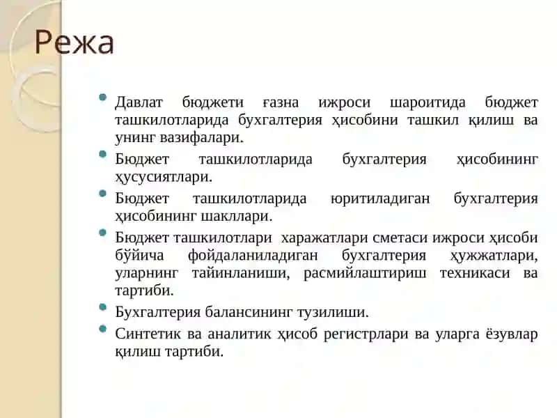 Byudjet tashkilotlarida Byudjet hisobining tashkiliy-uslubiy jihatlari 2