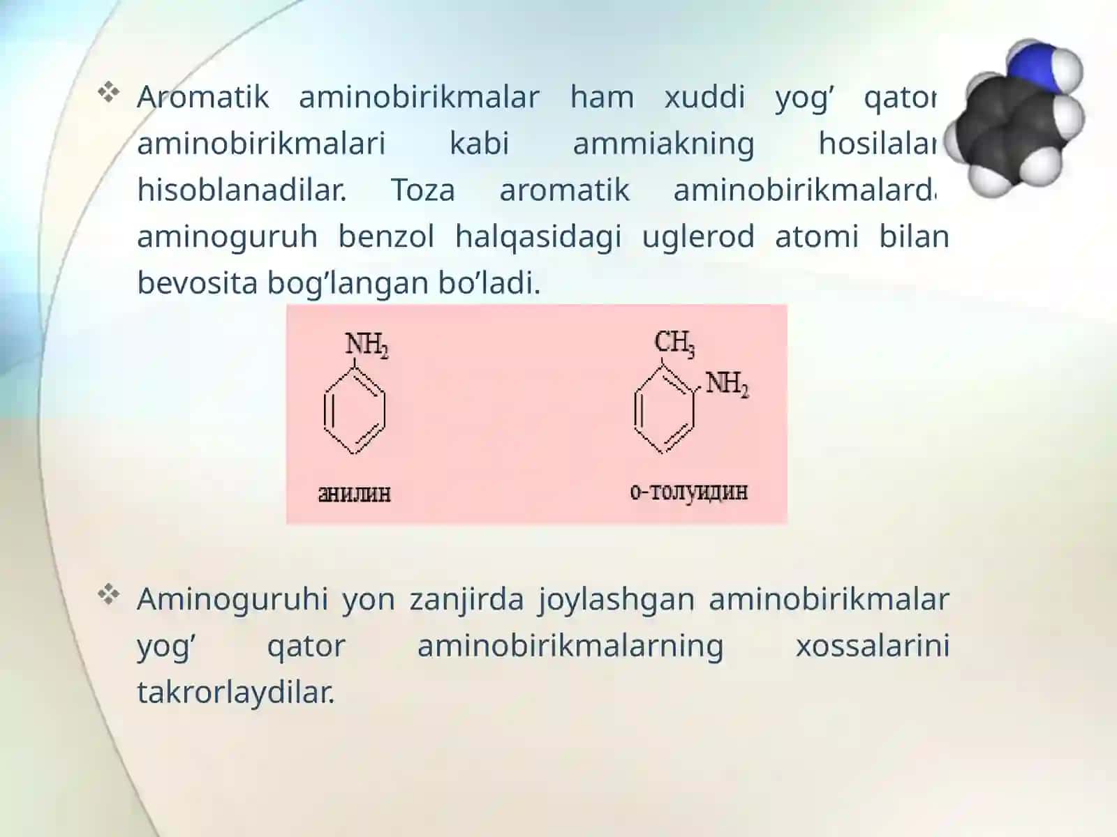 Aromatik amino birikmalar. Anilin 2
