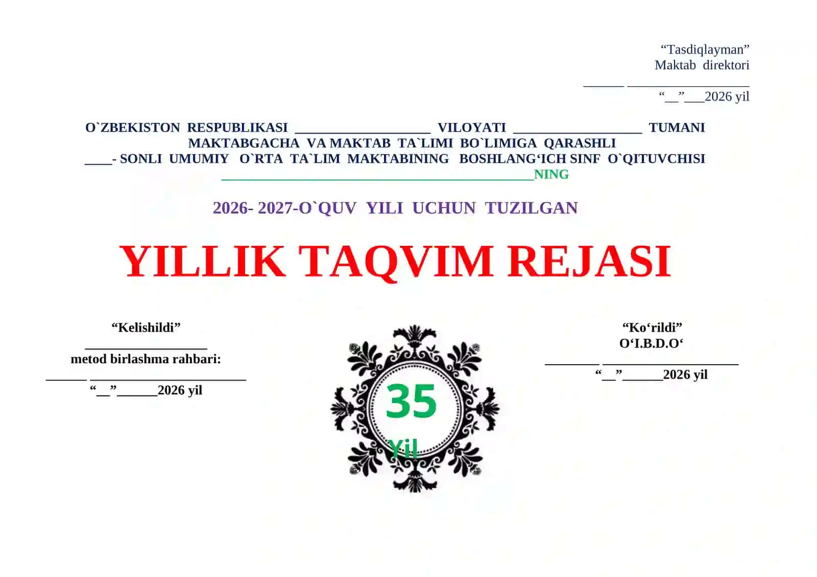 YILLIK TAQVIM REJASI 2026-2027 2
