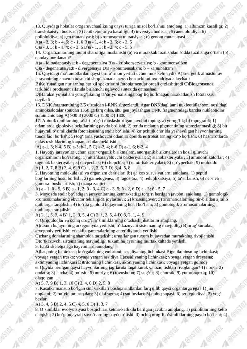 11-SINF BIOLOGIYA FANIDAN MAKTAB BOSQICH OLIMPIADA SAVOLLARI 2