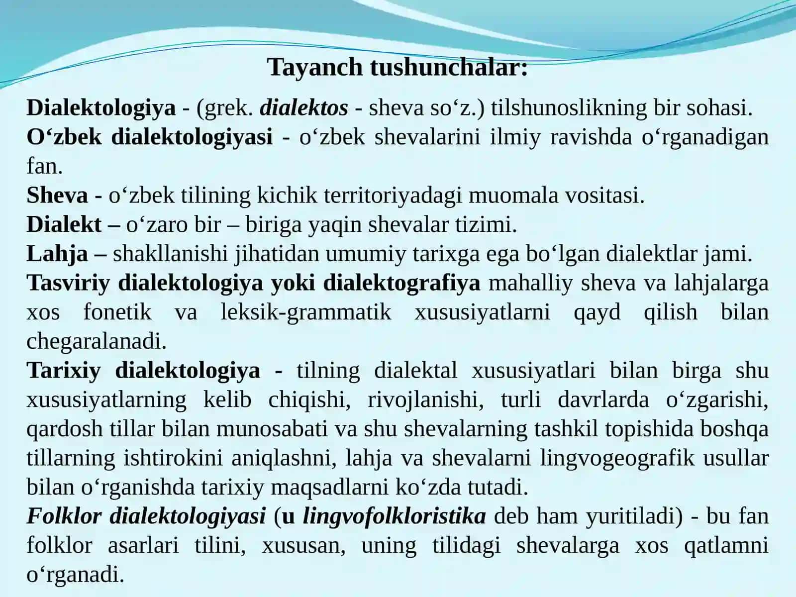 O‘zbek dialektologiyasi fanining maqsad va vazifalari. “O‘zbek dialektologiyasi” tarixi va taraqqiyot bosqichlari. Тranskripsiya va transliteratsiya 2