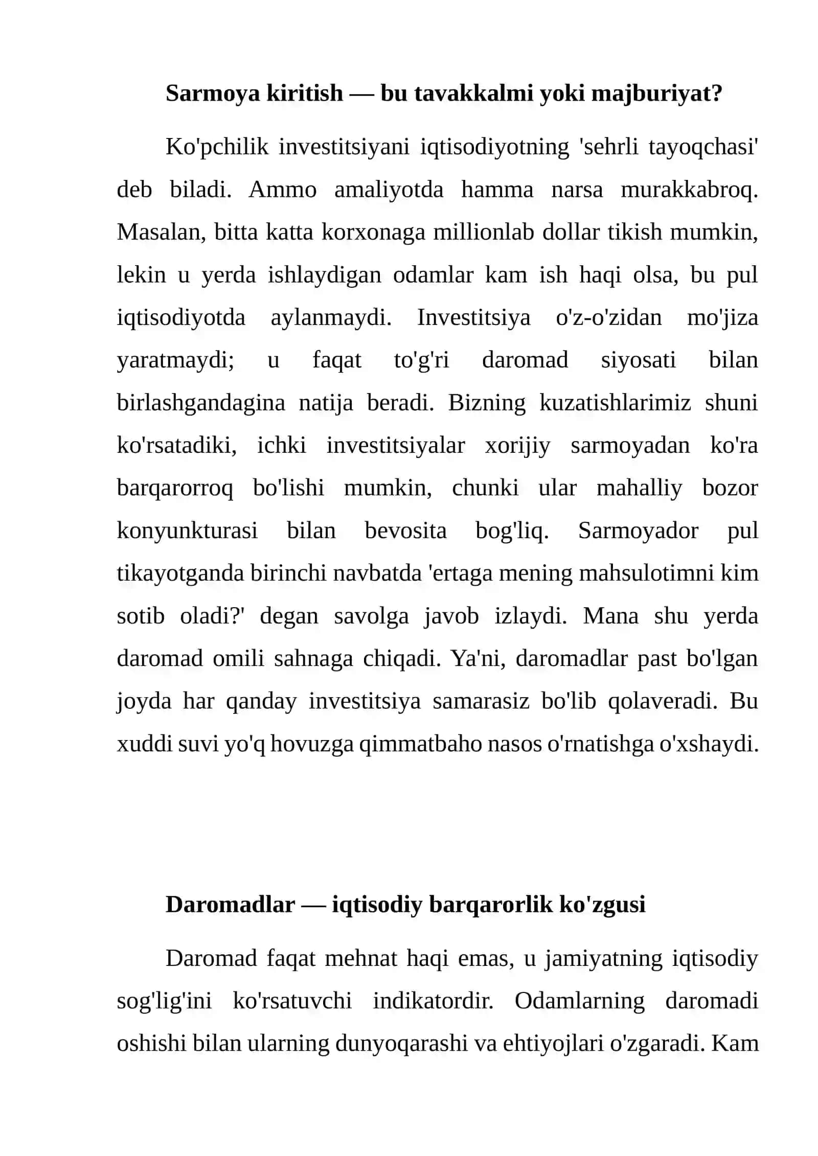 INVESTITSIYA VA DAROMADLARNING IQTISODIY O‘SISHGA TA’SIRI: AMALIY TAHLIL VA MULOHAZALAR 2