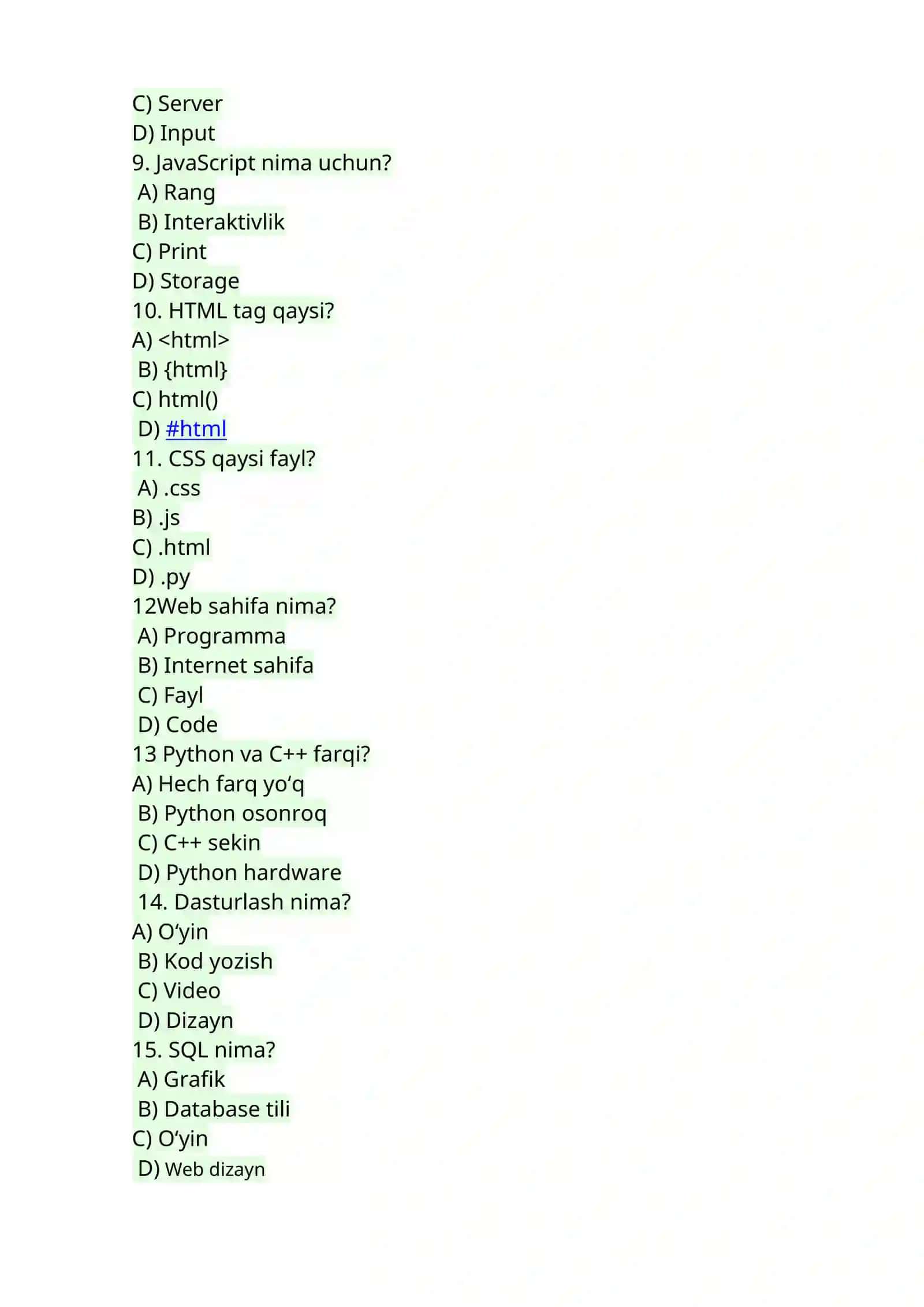 SQL va C++ testlari 2