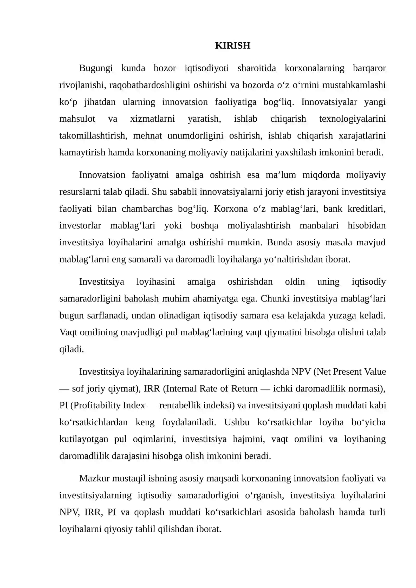 Korxonaning innovatsion faoliyati va investitsiyalarning iqtisodiy samaradorligini qiyosiy tahlil qilish 2