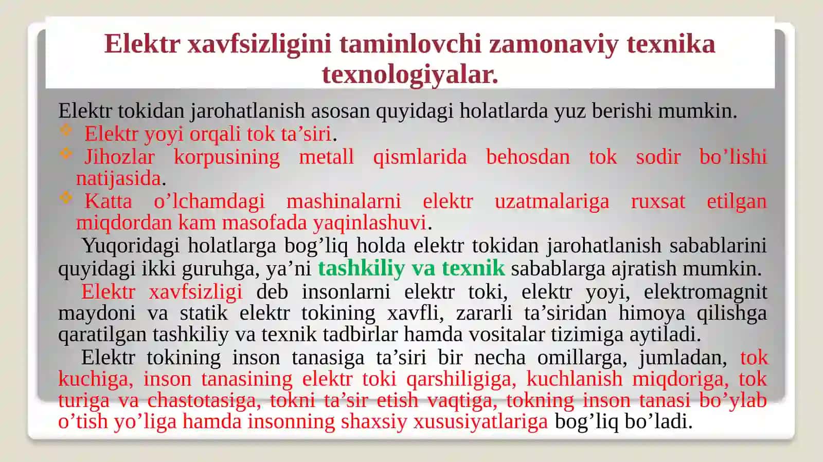 Elektrxavfsizligi fanidan tayyorlangan taqdimot 2