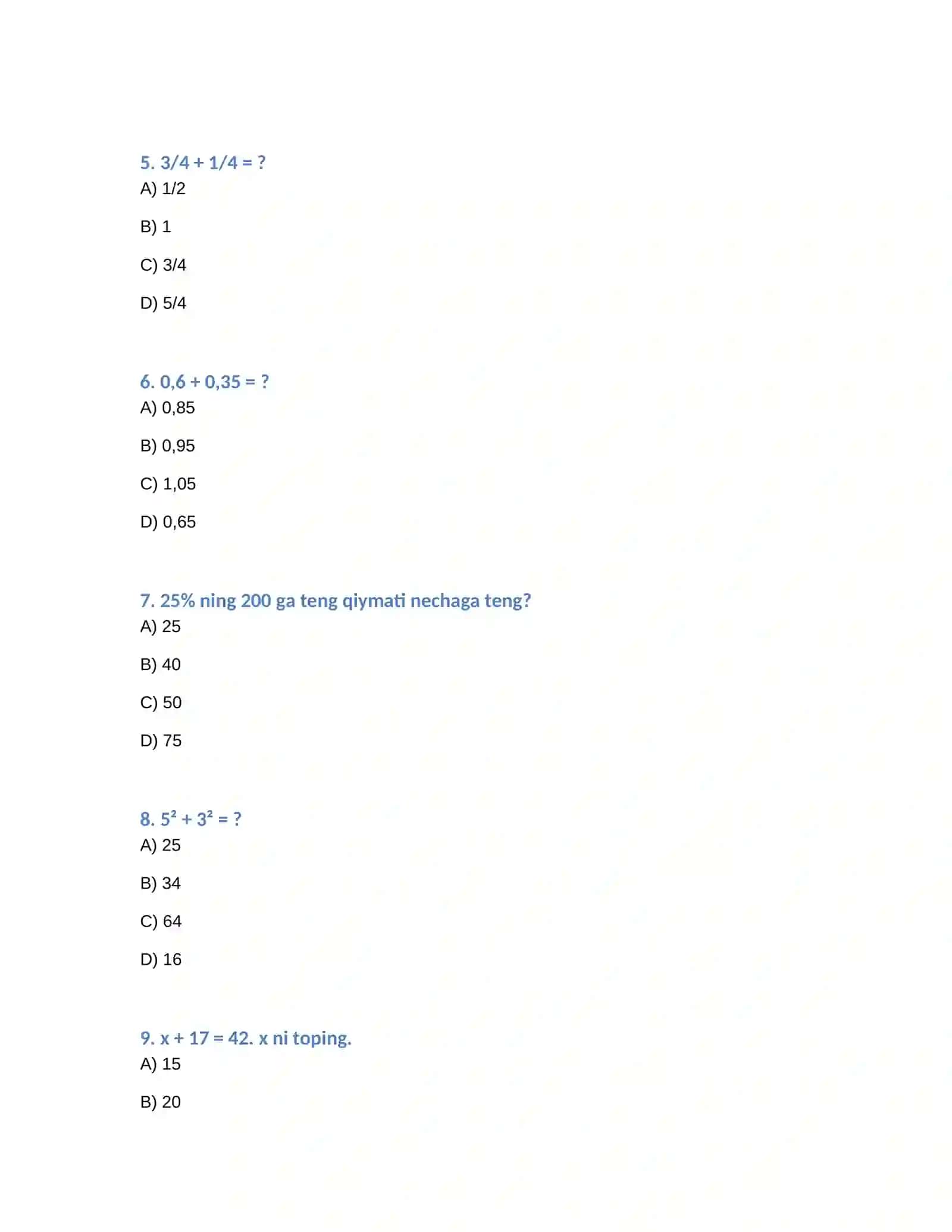 MATEMATIKA FANIDAN 50 TA TEST 2