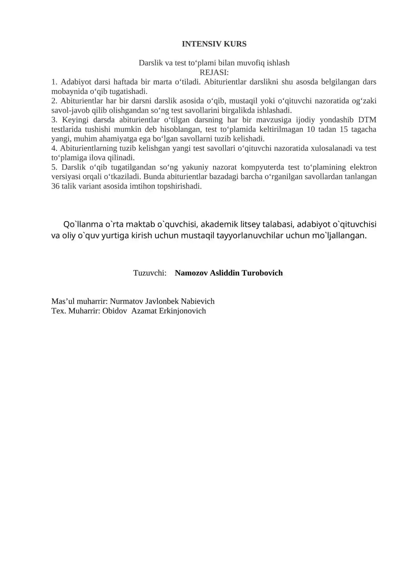 Adabiyot fanidan testlar 5-11-sinflar INTENSIV KURS 2