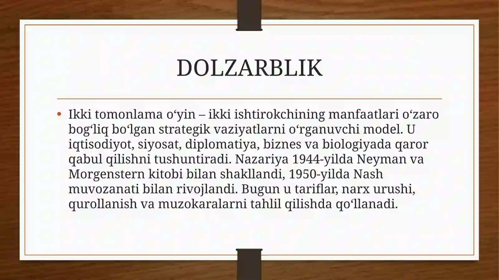 Ikki tomonlama o‘yin: nazariy va amaliyot 2
