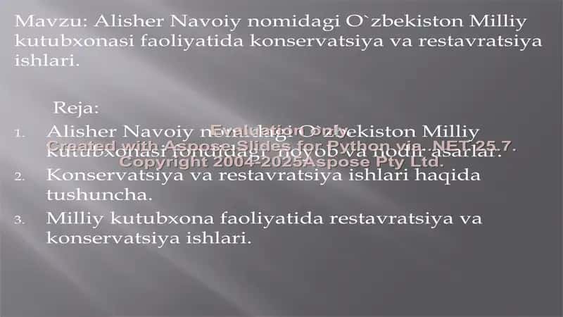 Alisher Navoiy nomidagi O‘zbekiston Milliy kutubxonasi fondidagi noyob va nodir asarlar. Konservatsiya va restavratsiya ishlari 2