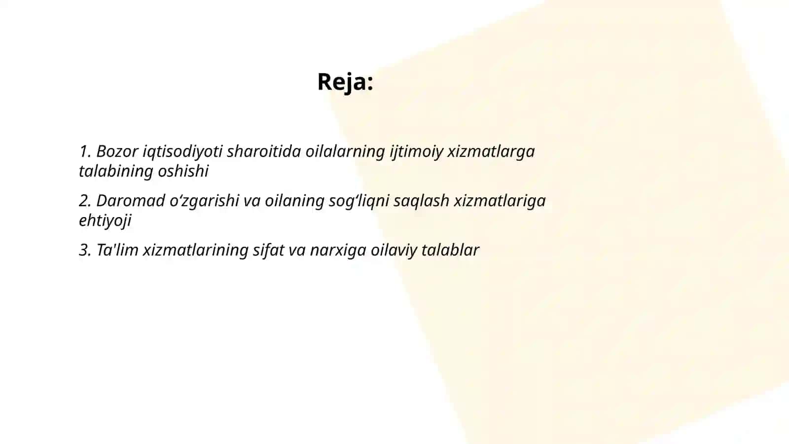 Bozor iqtisodiyoti sharoitida jamiyatdagi boshqa institutlar kabi oila va kishilarning sotsial guruhlari eng muhim ijtimoiy xizmatlarga talab va ehtiyojlari ortishi 2