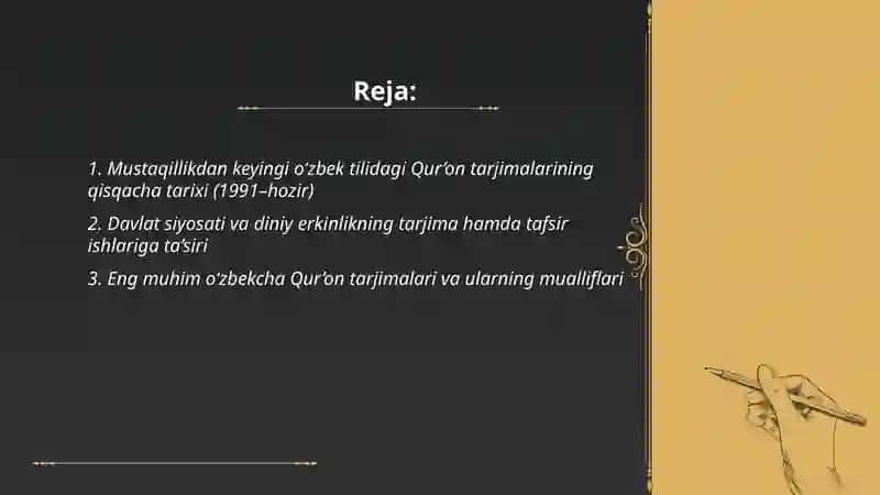 Mustaqillik yillarida Qur’onning o’zbek tiliga tarjima qilinishi va tafsirlari haqida taqdimot tayyorlash 2