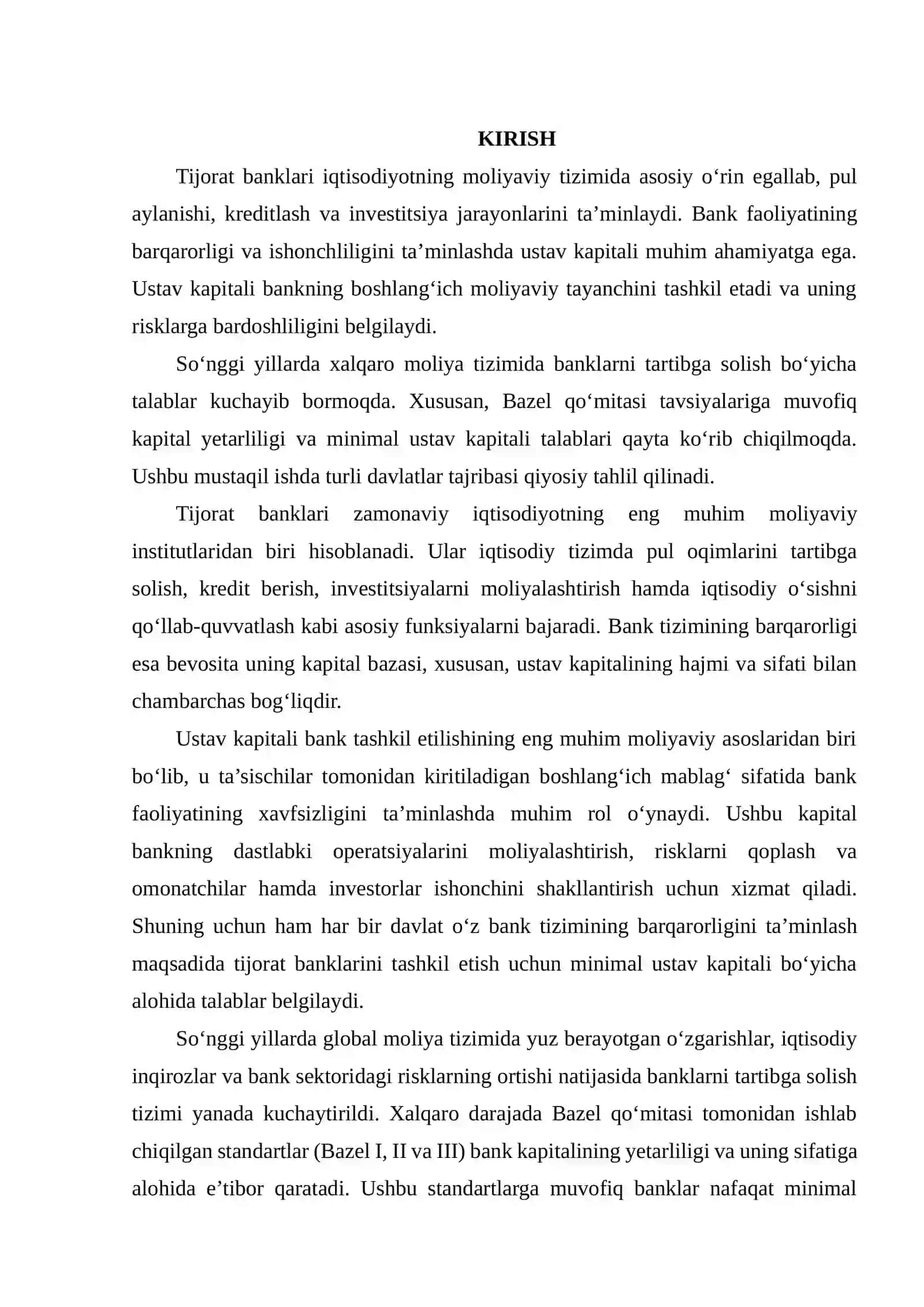 TIJORAT BANKLARINI OCHISH UCHUN USTAV KAPITALINING MINIMAL MIQDORI TALABLAR BO‘YICHA XORIJ AMALIYOTI VA QIYOSIY TAHLIL REJA 2