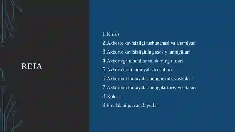 Axborot xavfsizligi va axborotlarni himoyalash usullari. Axborotlarni himoyalashning texnik va dasturiy vositalari 2