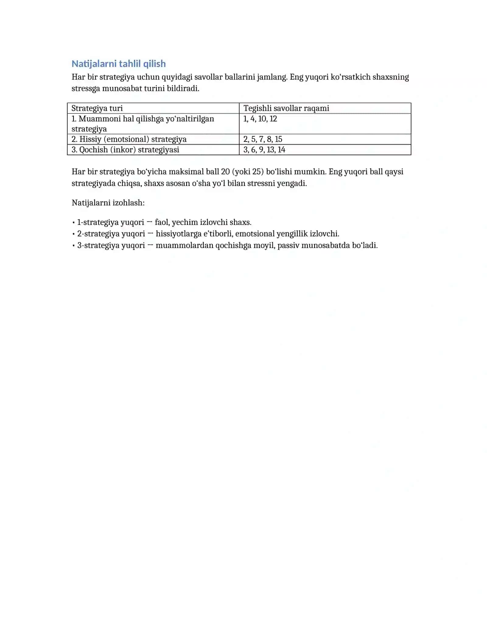 K. B. Strelau va R. Lazarusning “Stressga munosabat” testi 2