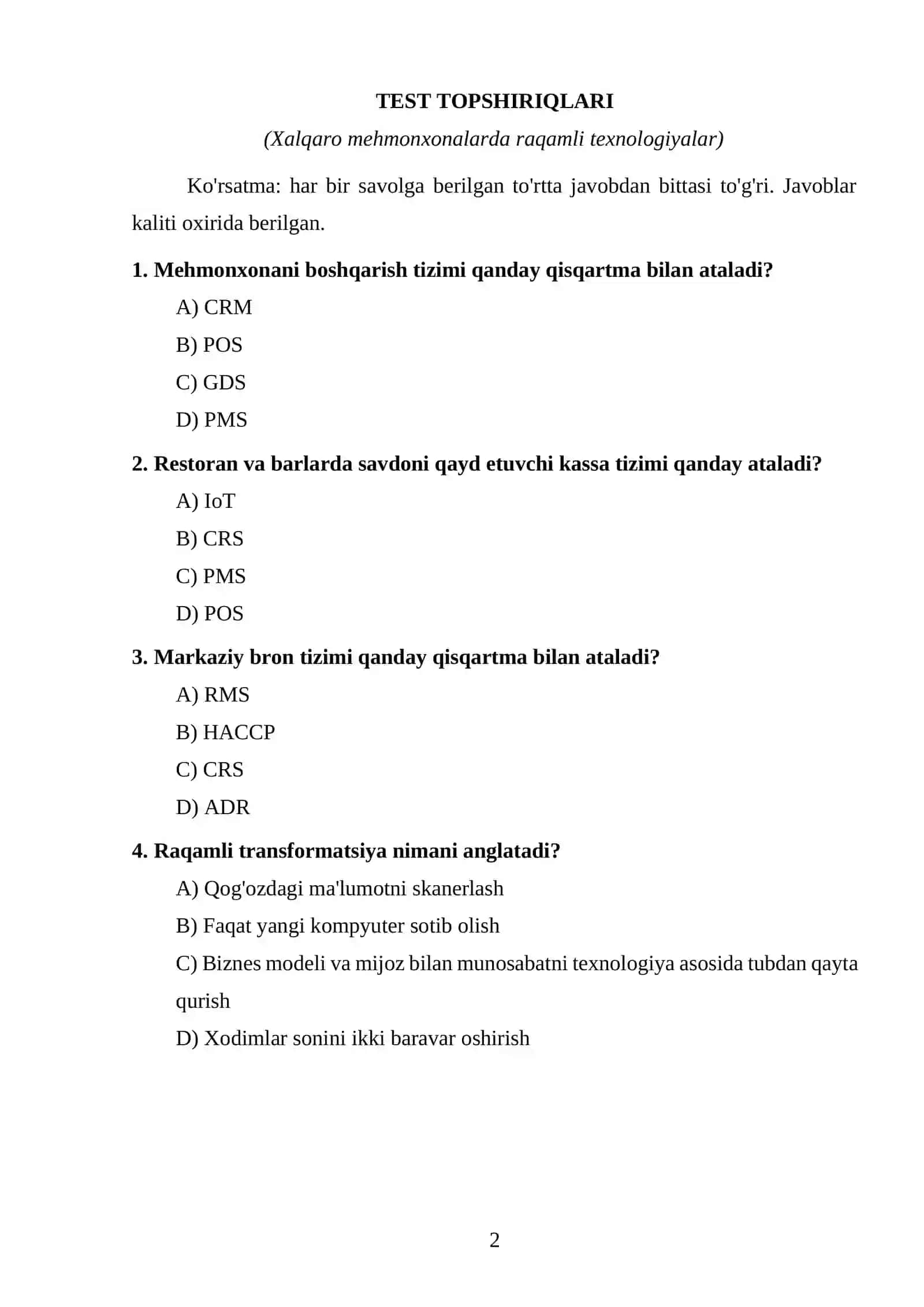 Xalqaro mehmonxona menejmenti test topshiriqlari 2