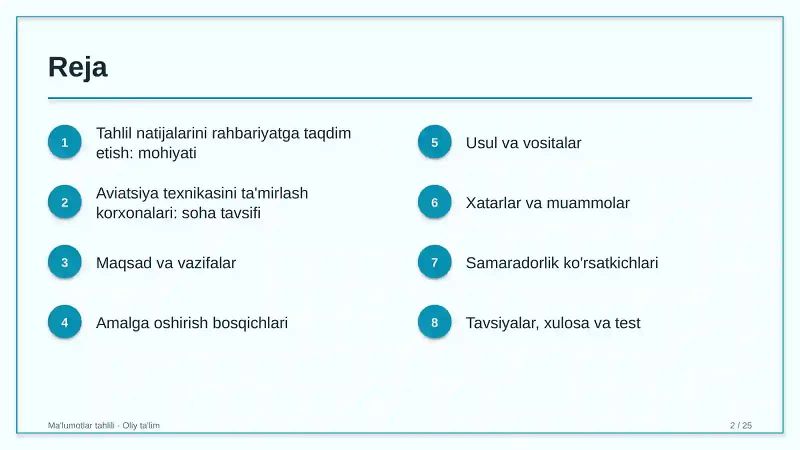 Aviatsiya texnikasini ta'mirlash korxonalarida tahlil natijalarini rahbariyatga taqdim etish 2